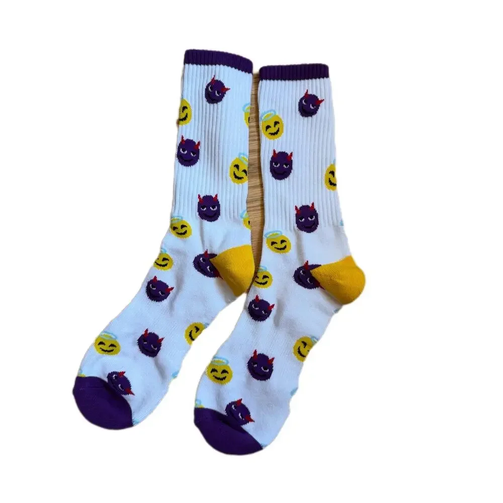 White Emoji Crew Socks with Yellow and Purple Accents devil and angel